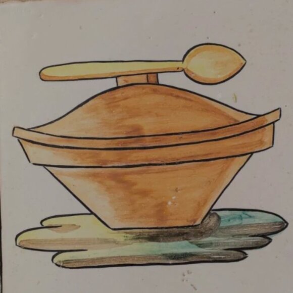 Vintage Kitchen Clay Tile Hand Painted with a Lidded Pot & Spoon Grazed 8.25" - Picture 7 of 8